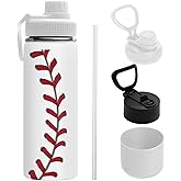 Uibunoo Baseball Water Bottle for Son, Stainless Steel Insulated Tumbler for Home with 2 Lids & Handle, Antislip Silicone Boot, 18oz Reusable Leak-proof Bottle for Sports, 1 PCS