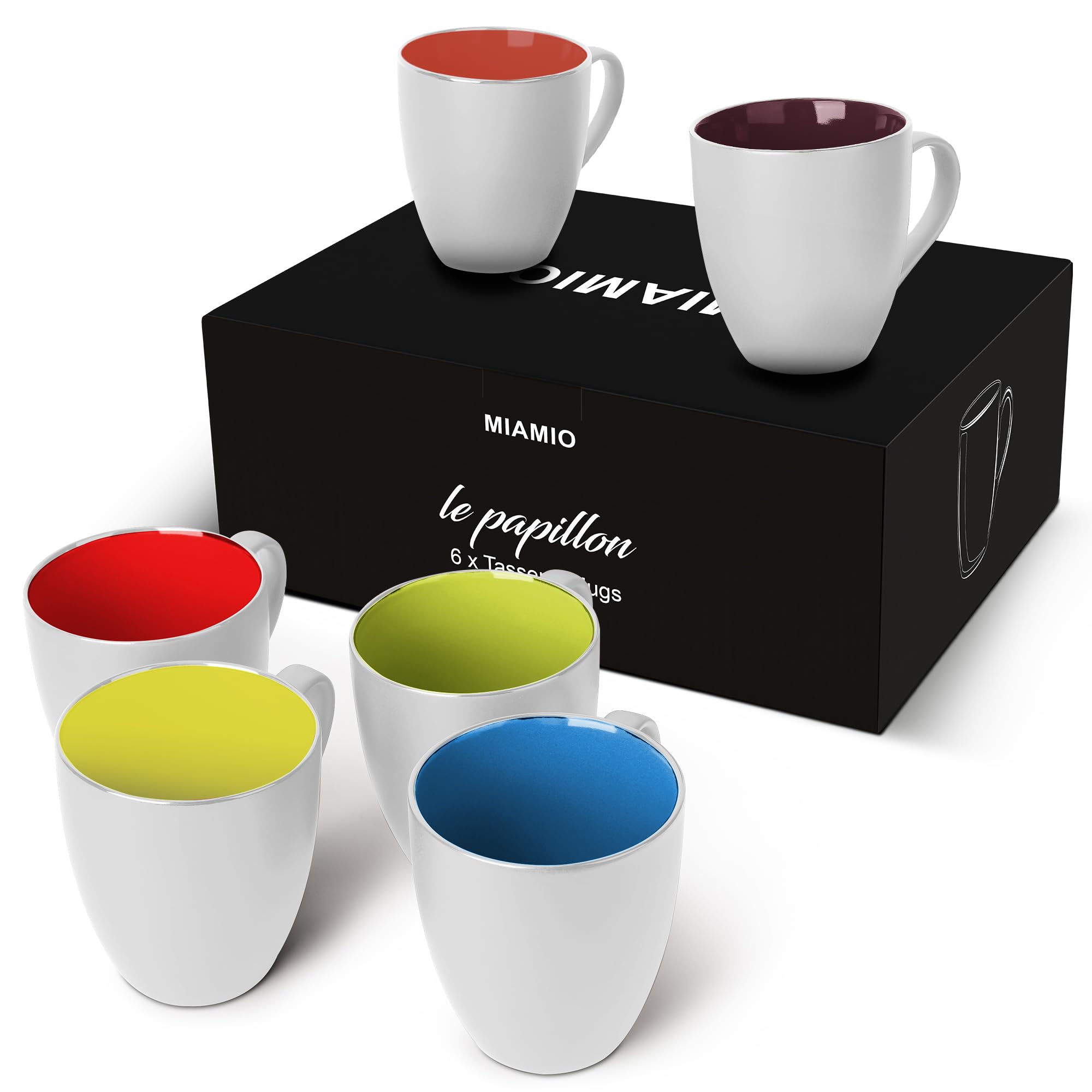 MIAMIO - Set of 6 Coffee Mugs 350 ml – Modern Ceramic Coffee Cup Set in White Multicolor – Large Coffee Cups for Coffee, Tea and Cappuccino – Dishwasher and Microwave Safe