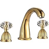 YUELIFE Bathroom Sink Faucet 3 Hole Deck Mounted Widespread Brass Bathroom Faucet Crystal Handle Mixer Tap,Gold(Ti-PVD)