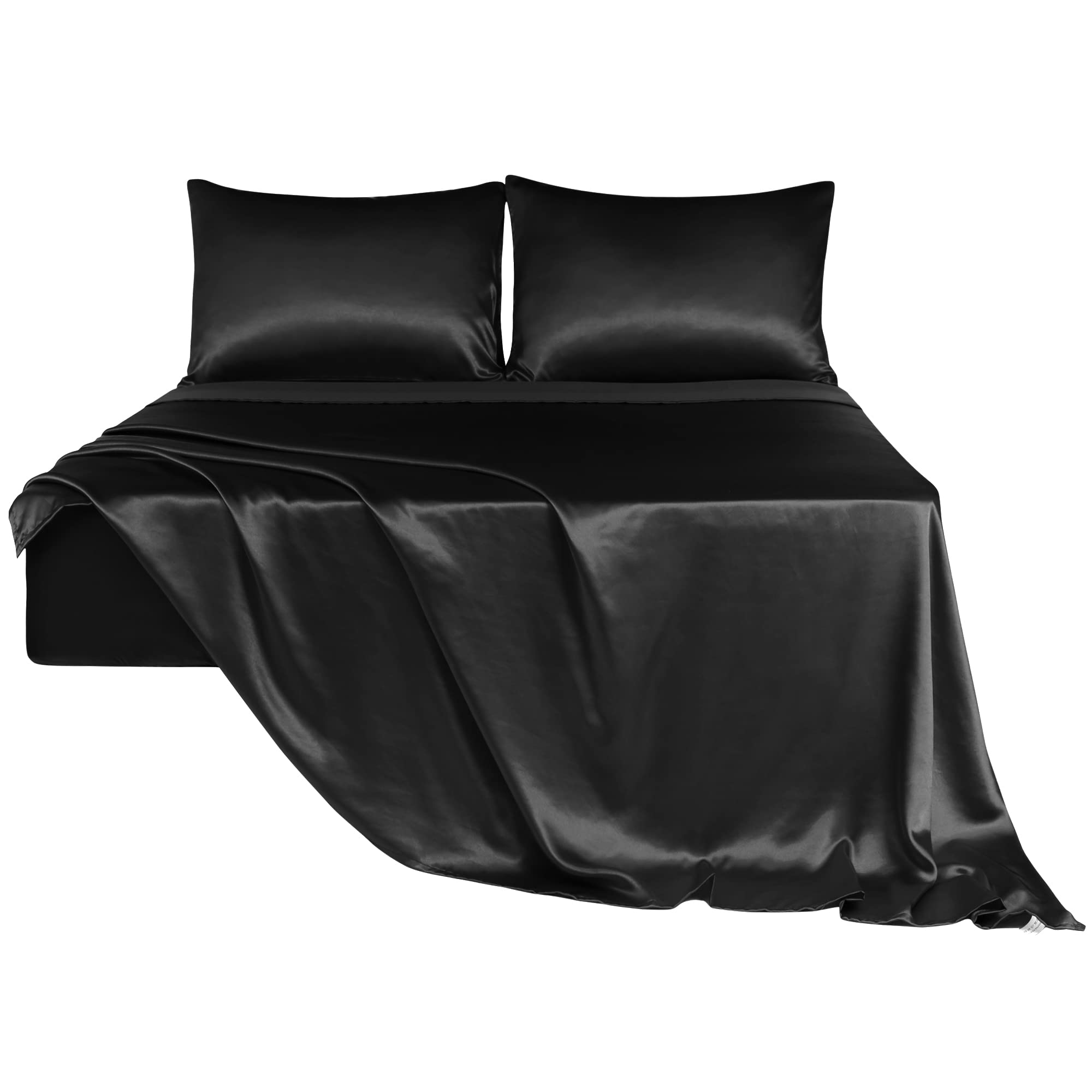 PiccoCasa 4 Piece Sheet Set King Size, Silky Satin Bedding - Fitted Sheet, Flat Sheet, 2 Pillowcases (Duvet Cover Not Included) Black