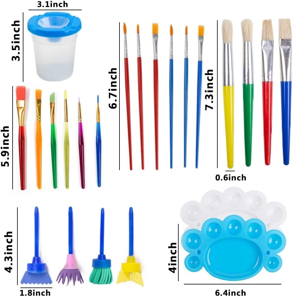 WEKSI Paint Brushes for Kids, 34Pcs Paint Supplies Include Paint Cups with No Spill Lids Palette Tray Muti Sizes Paint Brushes Set for Kids Gifts School Project Art Party: Kitchen & Dining