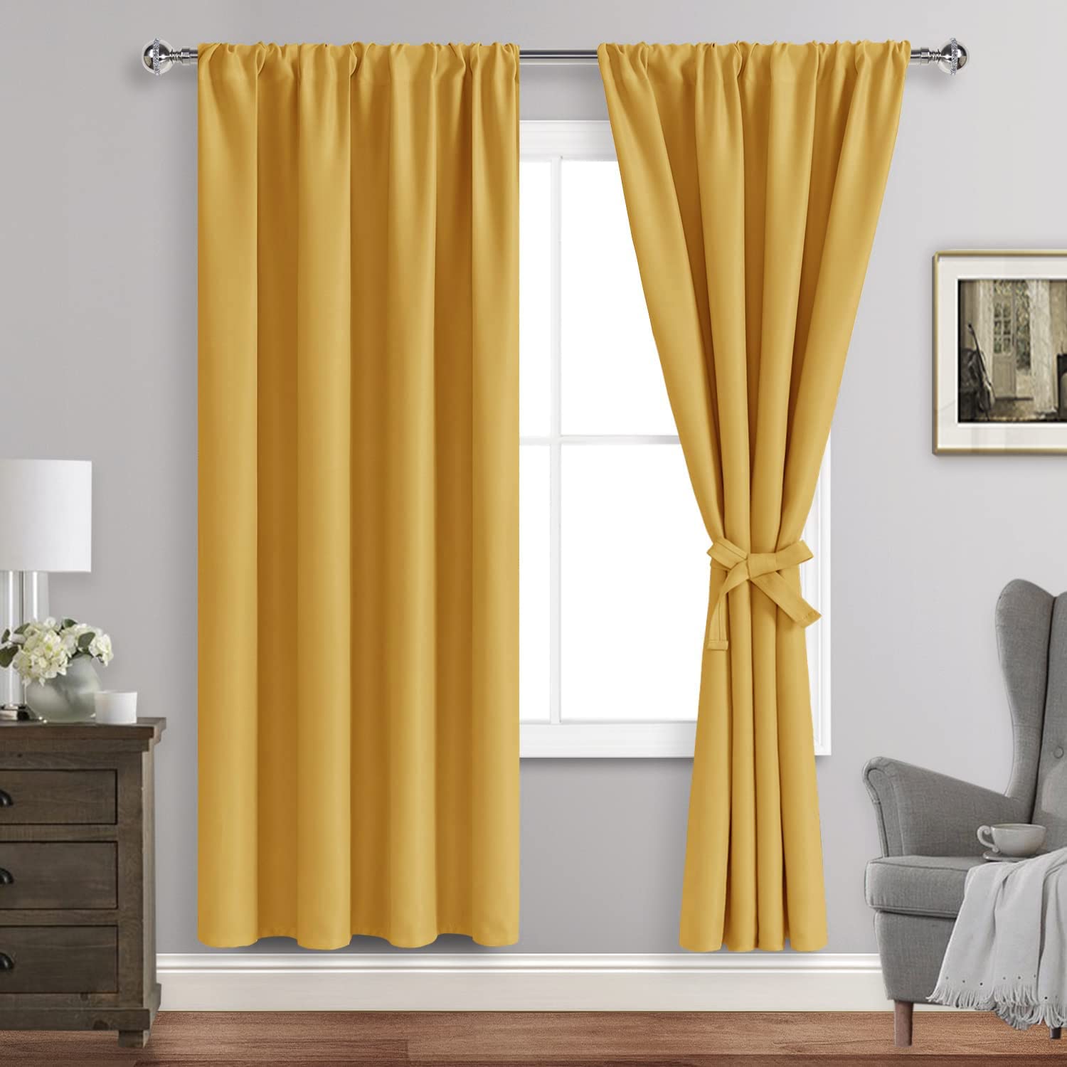 JIUZHEN Blackout Curtains for Bedroom - Curtain Drapes Set of 2 Panels with Tiebacks, Room Darkening Thermal Curtains, 42 x 72 Inches, Light Blocking Curtains for Living Room, Mustard Yellow Image