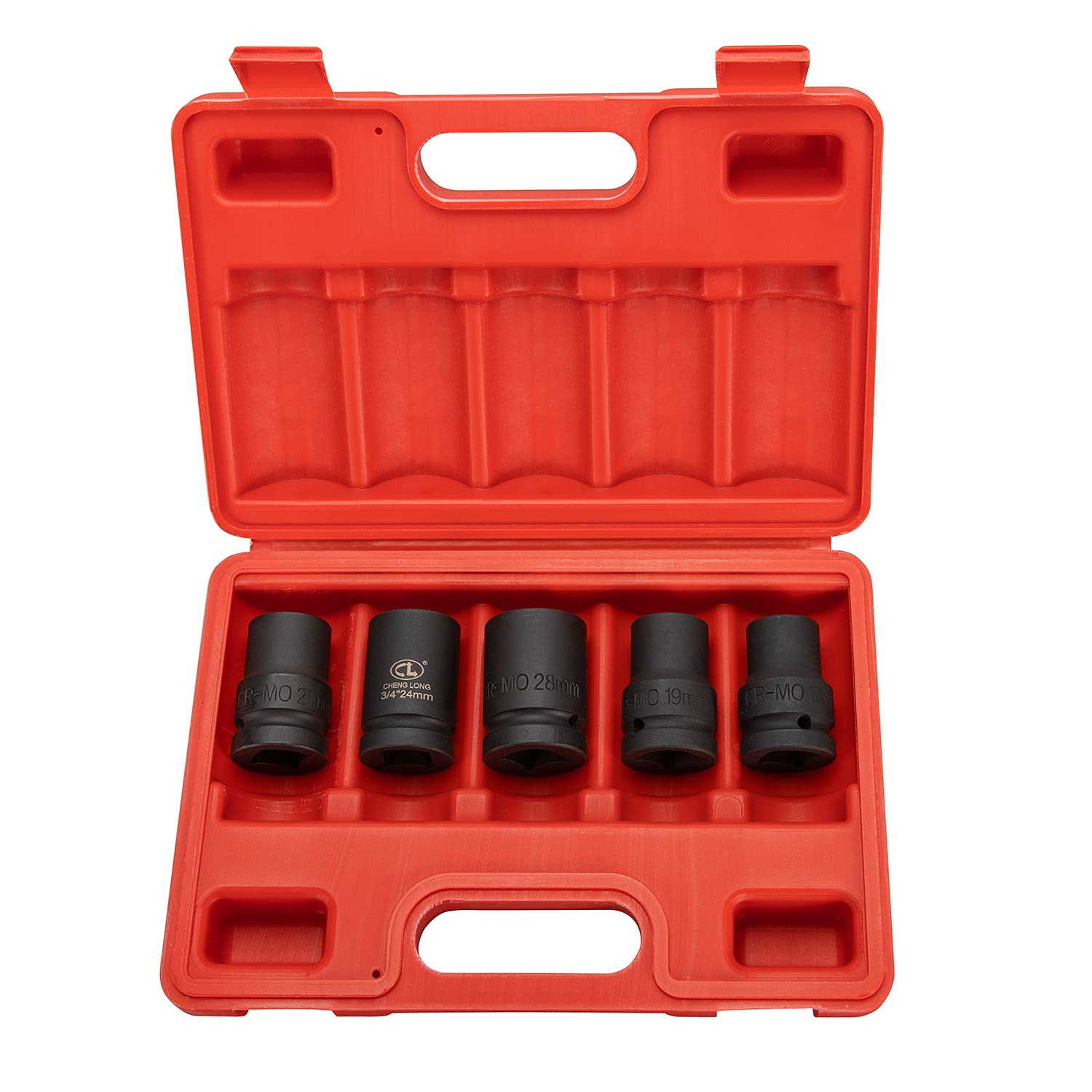 XRMXF 3/4" Drive Impact Socket Set Hexagon, 5pcs 17 19 21 24 28mm 6 Point,Cr-Mo Steel,with a Plastic Storage Box