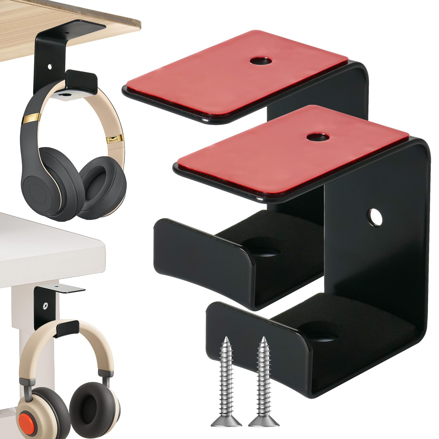 Pair Headphone Stand, Adhesive Headphones Holder with Rubber Pad, Sticky Headset Hook for Desk, Headsets Hanger with Screws Mounted on the Bottom & Edge of the Table for Gaming Desk Accessories