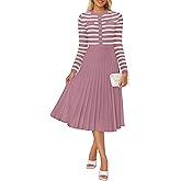 ZESICA Womens Long Sleeve Striped Midi Dresses Crewneck Button Ribbed Knit Pleated A Line Swing Sweater Dress