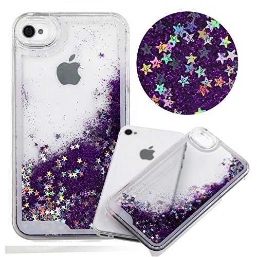 iphone 4 Case,funy flowing Quicksand Stars Liquid Shiny Bling Glitter Sparkle Transparent Crystal Clear Hard PC Cover Case for Apple iphone 4 4S(purple)