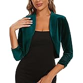 LADI TREND Women's Velvet Bolero Shrugs for Dresses Ruched 3/4 Sleeve Open Front Cocktail Party Cropped Cardigan