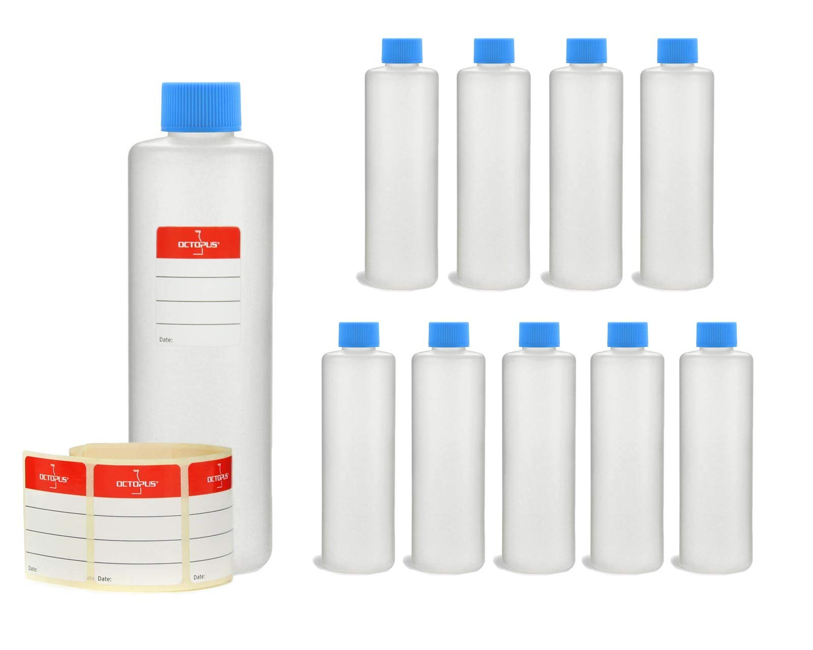 Octopus 10 x 250 ml plastic bottles, HDPE plastic bottles with blue screw caps, empty bottles with blue screw caps, round bottles incl. 10 labels