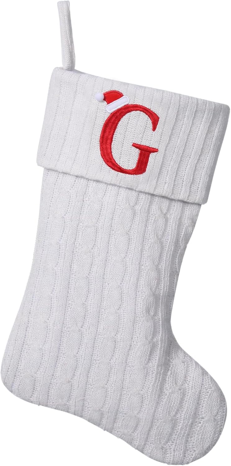 Stockings & Holders - Yehnois19.5-inch White Knit Monogram Christmas Stockings, Personalized Initial Christmas Stocking, Family Holiday Xmas Party Decor (Letter G)