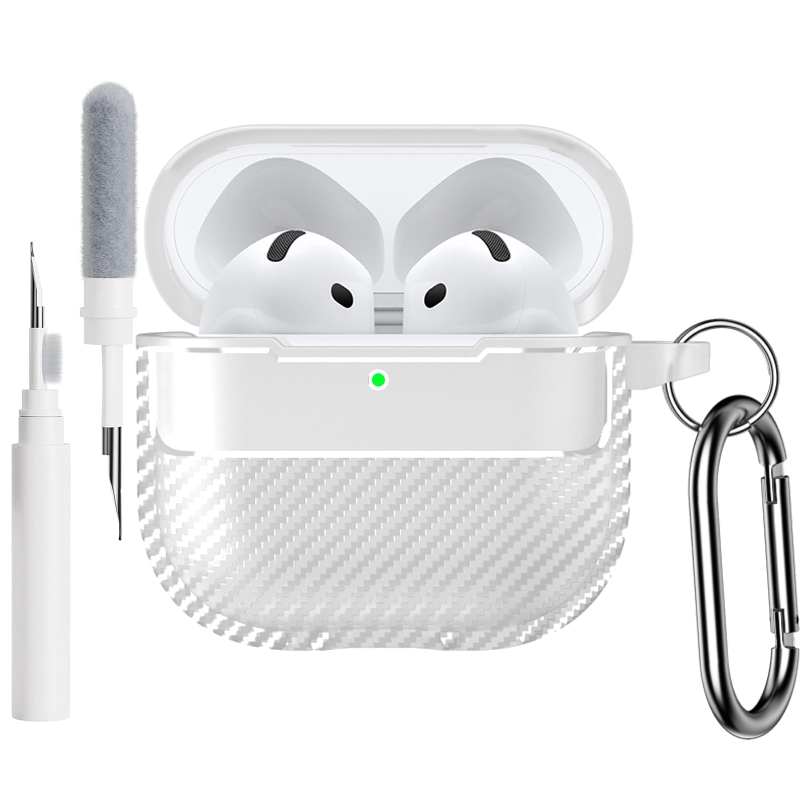 SEIAIYG Case Compatible with AirPods 4 2024, TPU Shockproof Case Cover, Carbon Fiber Texture with Keychain Cleaning Pen, Transparent