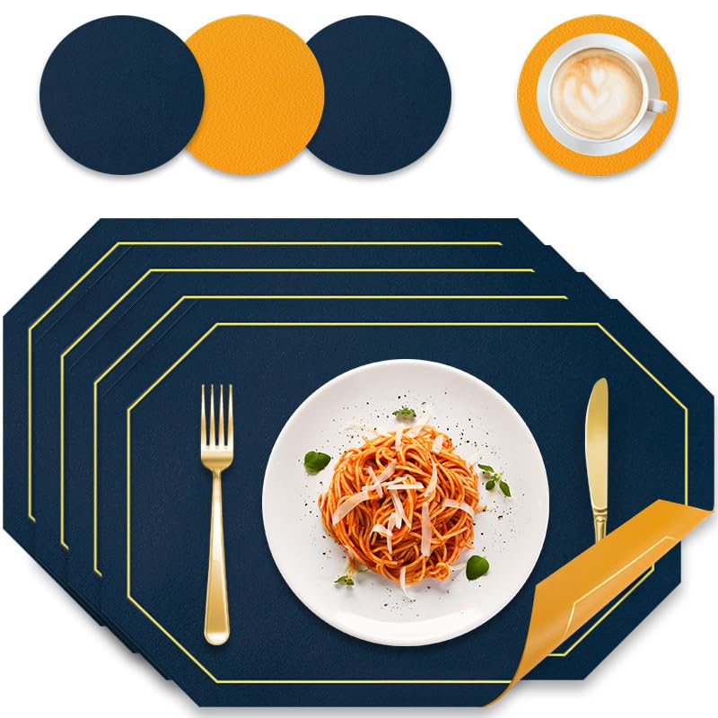 Placemats and Coaster Sets 4, Dual Sided Leather Dining Table Mats Heat-Resistant Non-Slip and Washable, Waterproof Wipeable Place Mat 30x43 cm, Easy to Clean for Home Kitchen Restaurant (Blue&Yellow)