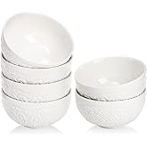 SOUJOY 12 OZ Small Ceramic Bowls, Set of 6 White Cereal Bowls, Embossment 4.5 Inch Dessert Ice Cream Bowl for Side Dishes, Rice, Soup, Snack, Fruits, Yogurt, Portion Control, Microwave/Dishwasher Safe