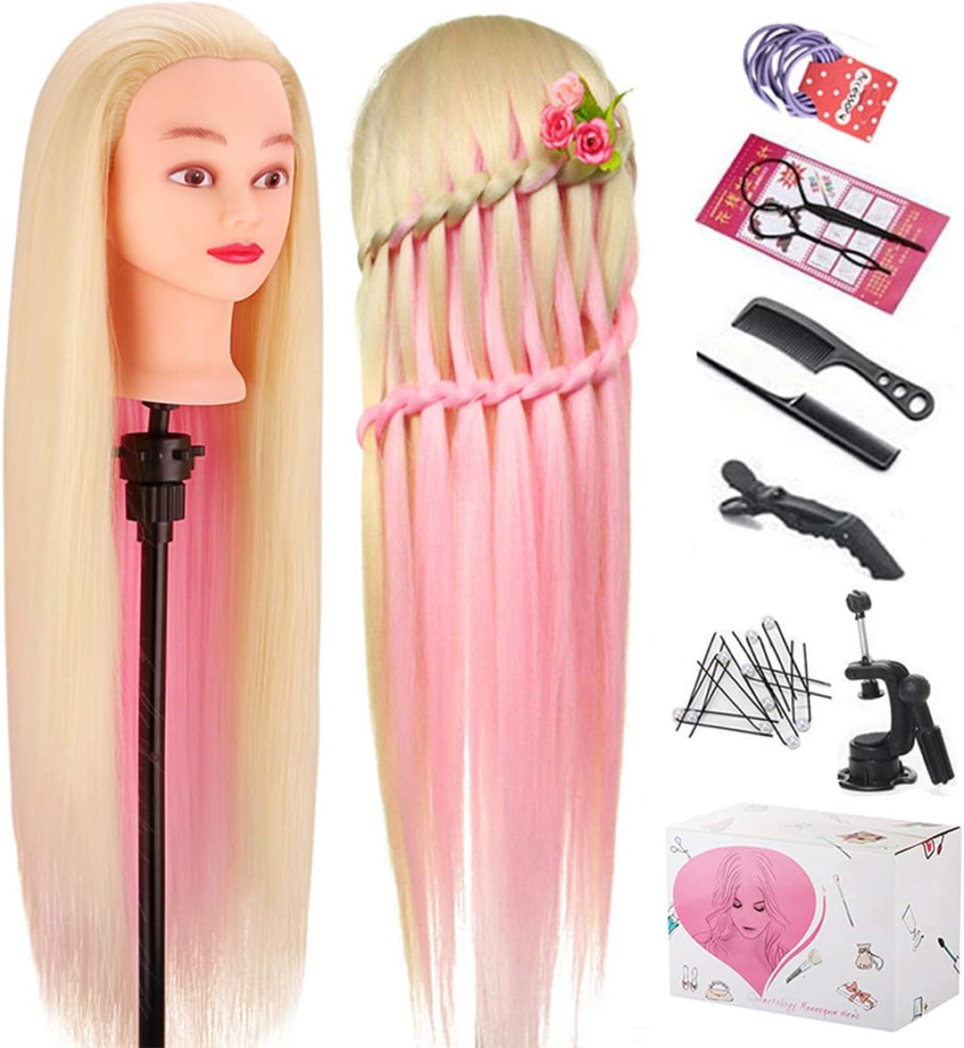 Mannequin Head with Hair, TopDirect 29" Blond & Pink Hair Mannequin Manikin Head Hair Practice Cosmetology Hair Doll Head Styling Hairdressing Training Braiding Heads with Clamp Holder and Tools
