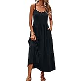Halife Womens Flowy Tiered Maxi Dress Sleeveless Summer Sundresses Adjustable Straps Long Beach Sun Dresses with Pockets