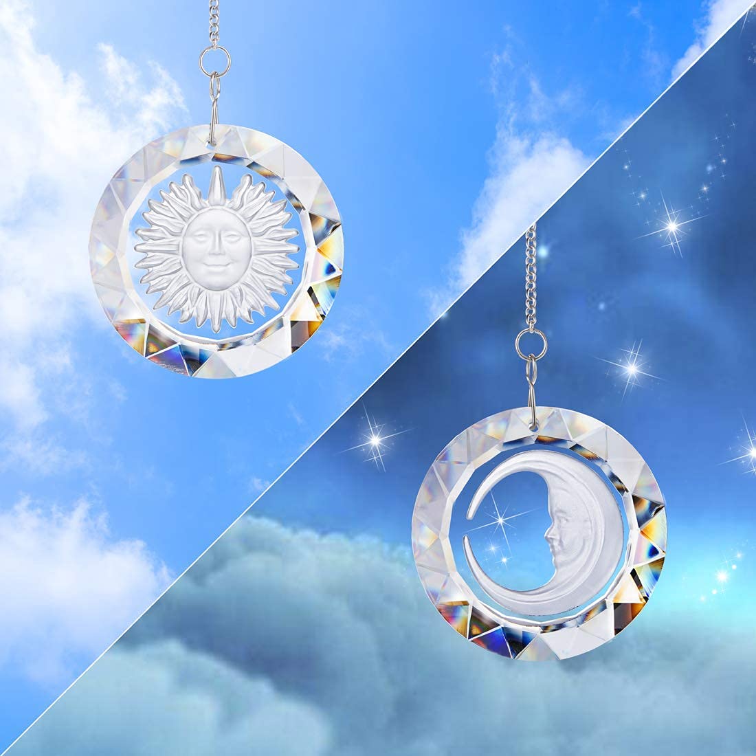 Suncatcher Crystal Clear Glass Circular Sun and Moon Pendants Rainbow Maker Hanging Pendant Window Ornament