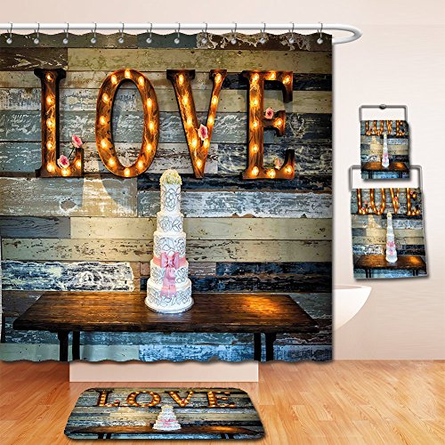 Click Here to See More Images Nalahome Bath Suit: Showercurtain Bathrug Bathtowel Handtowel Wedding Decorations Wedding Cake wtih the Word Love as Sinage on Wooden Background Print Multicolor