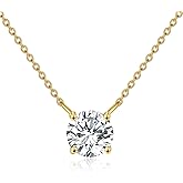 UXQ 14K Solid Gold Moissanite Necklace 4-Prong Round Cut Moissanite Solitaire Diamond Necklace for Women Anniversary Jewelry Birthday Christmas Gifts for Her Mom Wife Sister, Available in 0.5CT-2CT, 16+2 Inch