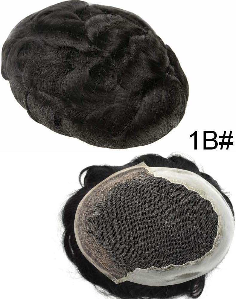 LHC Lace Base Toupee Indian Remy Human Hair Men's Hairpieces Light Density100% Pu Sides and Back Breathable Short Hair Wigs Lace Hairpieces (9X7", 1B# OFF BLACK)