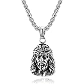 Vintage Style Jesus Christ Head Pendant Necklace, Religious Statement Jewelry, Stainless, Silver Tone