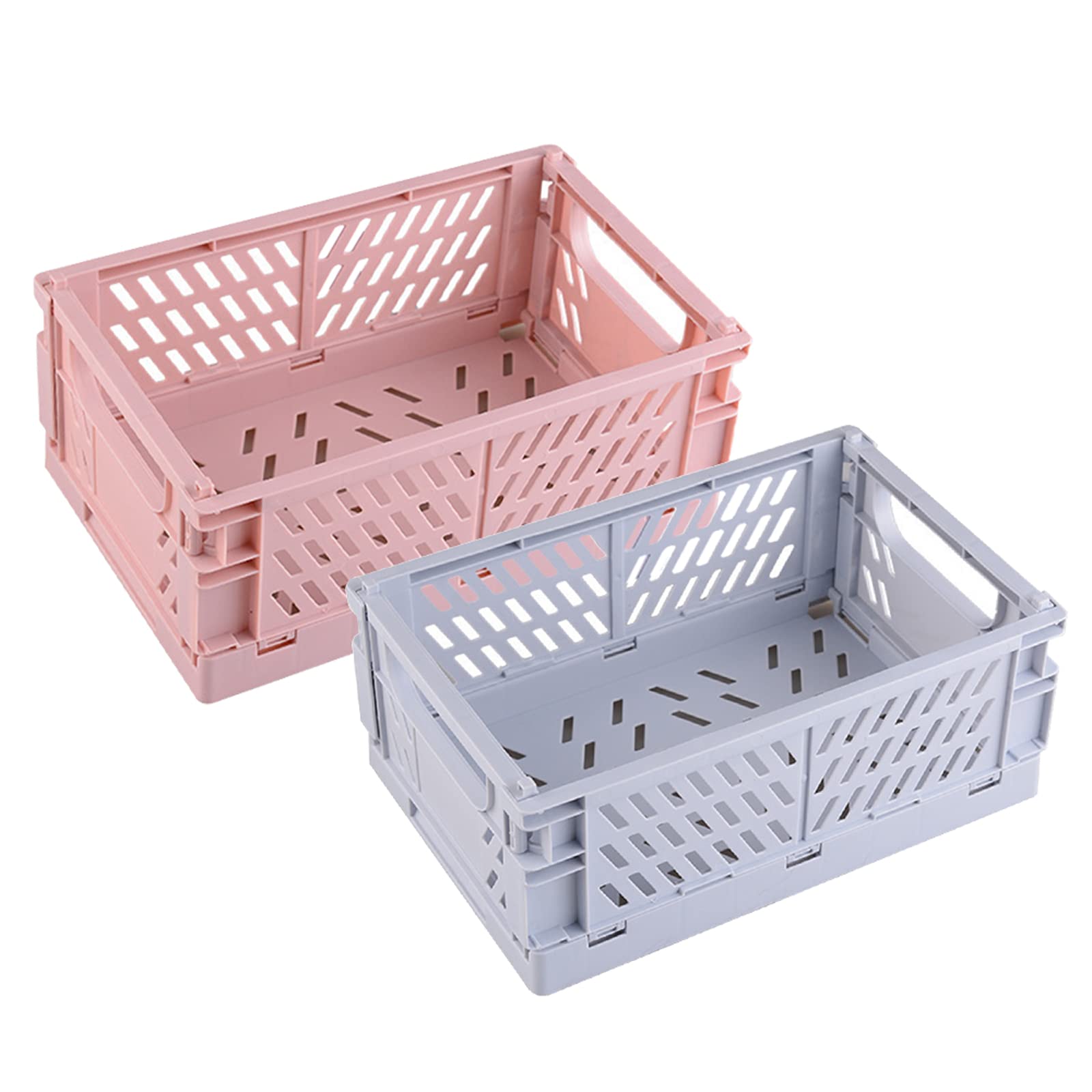 Misazy Storage Basket 2 Pcs Collapsible Crate, Folding Storage Box, Pink and Blue Plastic Crates for Cosmetics, Stationery and Desk Accessories