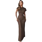 RARITYUS Women Elegant Lace Up Ruched Maxi Dress Sexy Mock Neck Short Sleeve Bodycon Cocktail Dress Causal Long Dresses