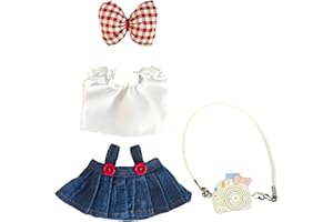 ANPILAR Doll Clothes Outfits, 4-Pieces 17cm Doll Clothing Set Accessories Decoration Denim Costume, Classic Denim Skirt, White Shirt, Red Bow, Small Camera(No Doll Only Clothes) (Blue Denim skirt-02)