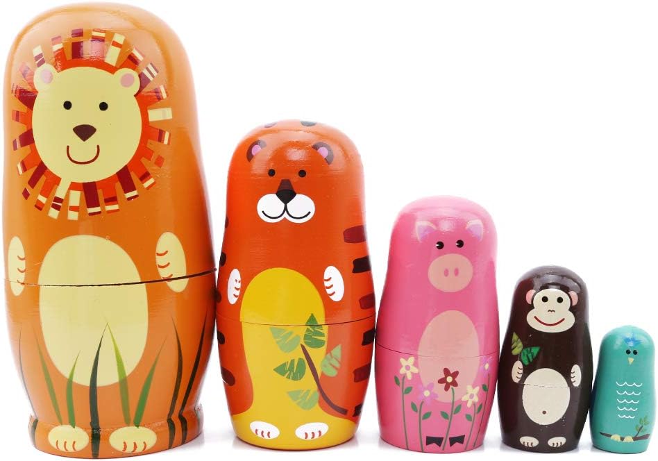 Yingwei VWH 5 Pcs Wooden Doll Animal Paint Nesting Dolls Russian Doll Matryoshka Babushka Toy