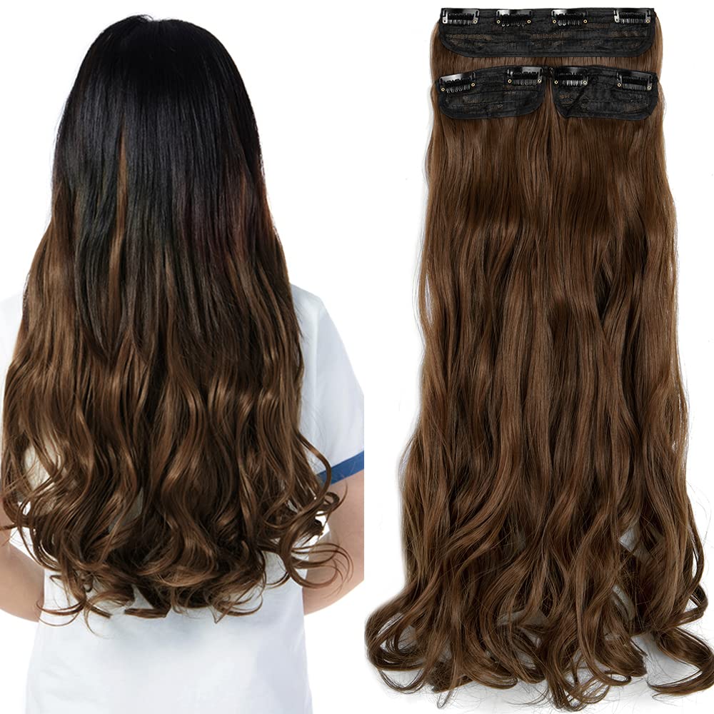 OMGREAT 3Pcs 8Clips Curly Full Head Clip in on Synthetic Hair Extensions 24Inch - Light Chestnut Brown