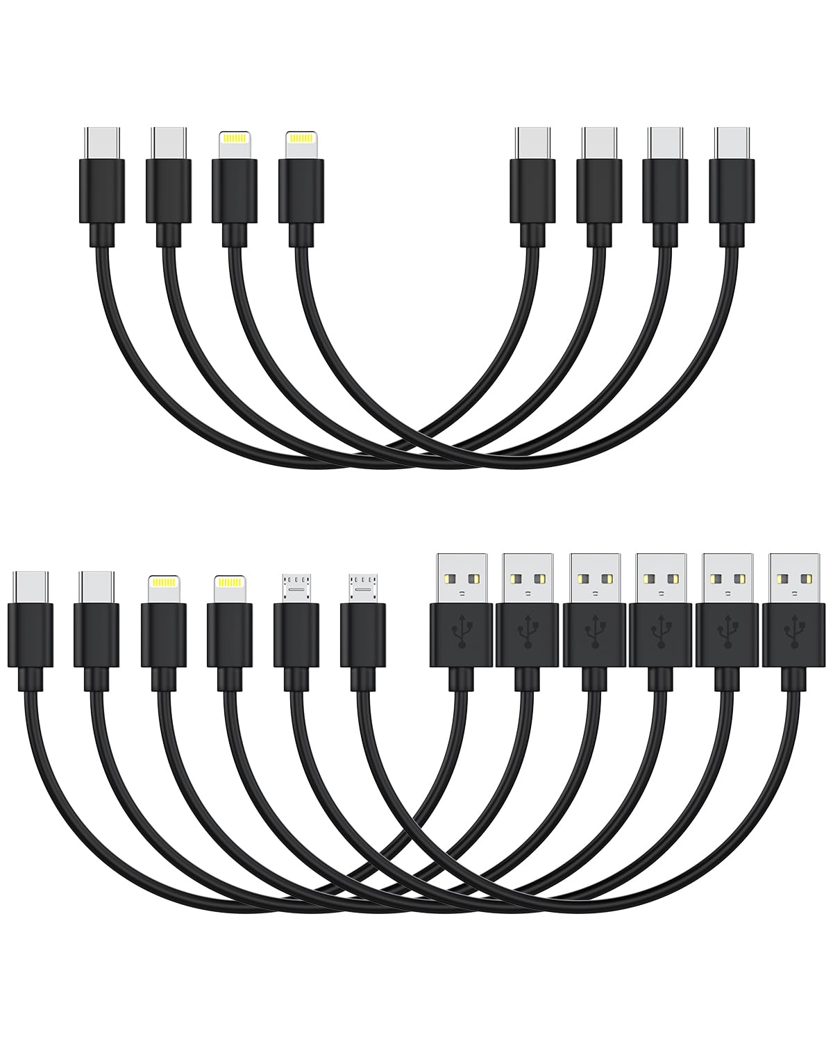 Photo 1 of [1FT, 10-Pack] Multi Short USB Charging Cables, Fast Charge & Sync Type-C/Lightning/Micro Cords Bulk for Charging Station Compatible with iPhone16&15, iPhone5-14, iPads, iPods, Mobiles, Tablets, Black