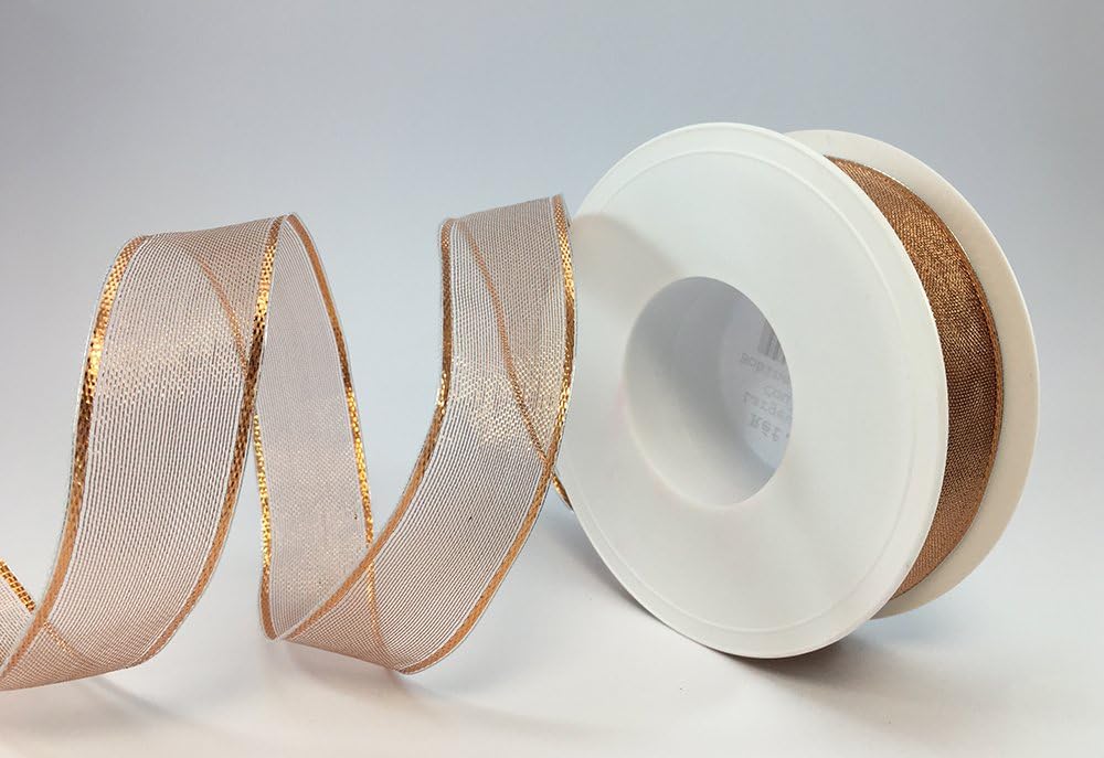 RP RIBBON Wire edge rose gold sheer ribbon 25mm x 1 Metre cut from roll