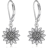 POPLYKE Antiqued Sunflower Leverback Dangle Earrings S925 Sterling Silver Sunflower Earrings for Women