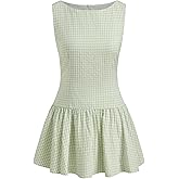 CIDER Mini Dress Gingham Ruffle Hem Low Waist Boat Neck Sleeveless Casual Dresses for Women A Line Dress