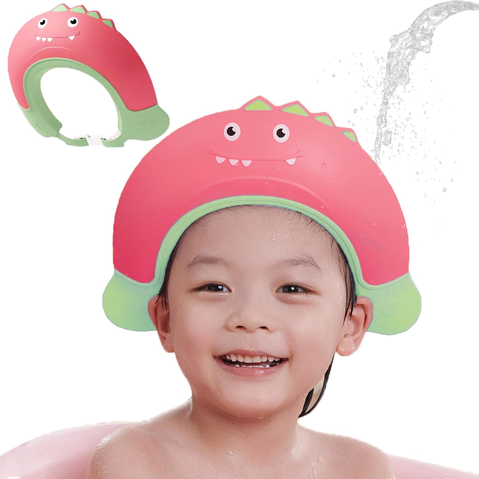 Shower Caps for Kids, KAMHBE Baby Shower Cap Shield Adjustable Crown Hair Washing Shampoo Shield Baby Visor for Eyes, Ears and Face (Red-monster)