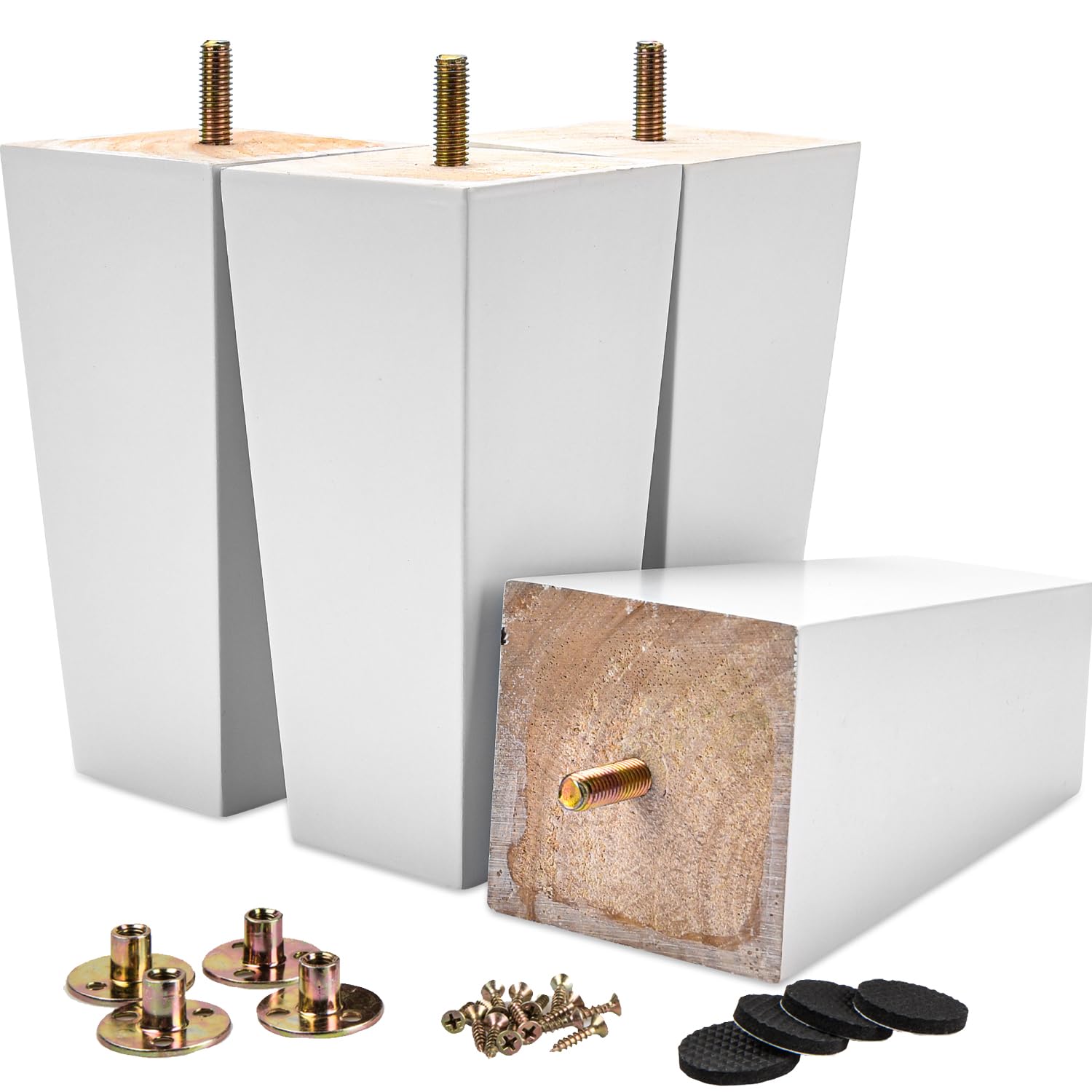 La Vane 8 inch / 20cm Solid Wood Furniture Legs Set of 4, White Square Pyramid Replacement Feet for Couch Sofa Armchair - Mid-Century Modern with M8 Bolt & Metal Mounting Plates