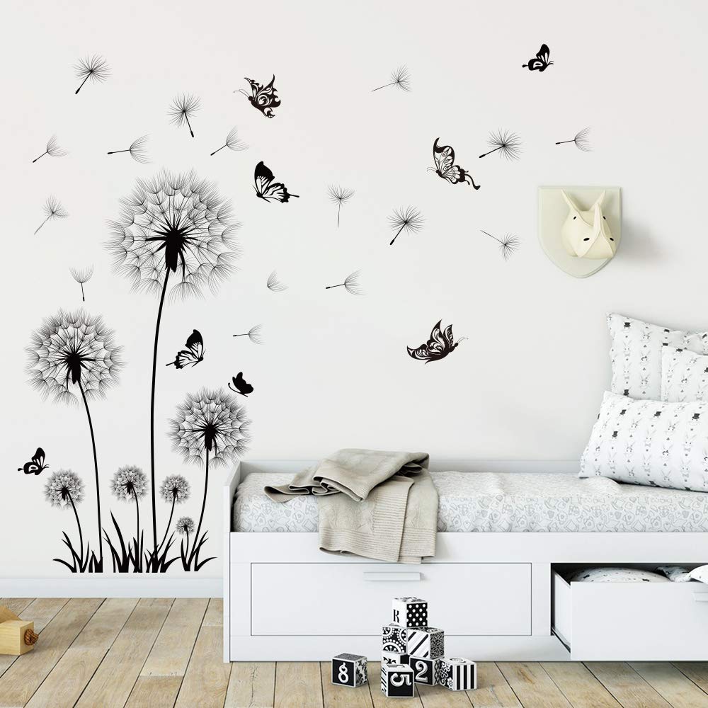 Runtoo Black Dandelion Wall Decals Flower Butterfly Wall Stickers for Living Room Bedroom Home Decoration Wall Décor