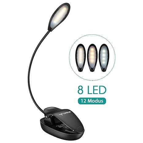 Leselampe Buch Klemme, TOPELEK 8 LED Buchlampe Bett, 3 Farbtemperatur, 4-Stufen Helligkeit, Memory-Funktion, Mikro USB Wieder