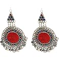 Duel On Jewel Afghan Tribal Statement Earring Collection for Women, Handmade Vintage Dangle Designs with Multicolor Stones, Tiny Beads, and Oxidized Silver Finish, Shoulder Length, Boho Chic Jewelry