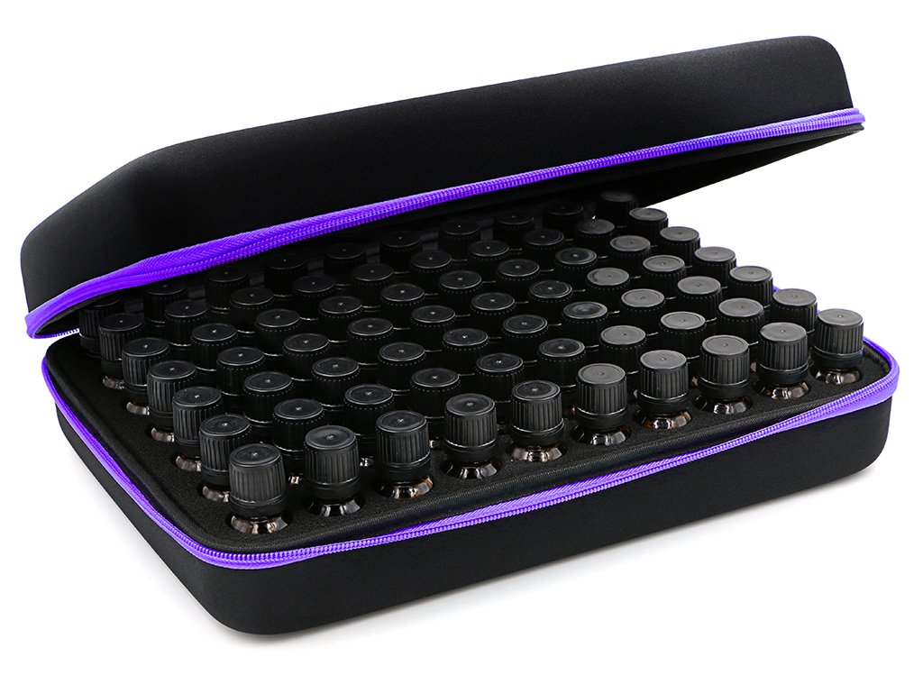 BTSKY 70 Bottles Durable Waterproof Hard Shell EVA Large Capacity Essential Oils Handle Carrying Case Bag Nail Polish Storage Box Foam Insert Organizer Tote(Essential oil not included) (Black+Purple)