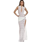 OCUH Black Lace Dress Sheer Maxi Dresses Sexy Outfit for Women Going Out High Slit Skirt Bodycon Vacation Party Wear