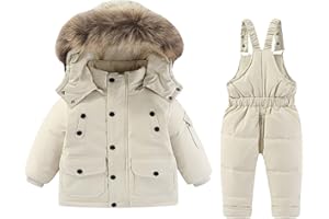 HLYSGO Kids 2 Piece Snowsuit Set Toddler Girl Winter Hooded Puffer Jacket & Snow Bib Pants Boy Thickened Ski Suits 1-6 Years