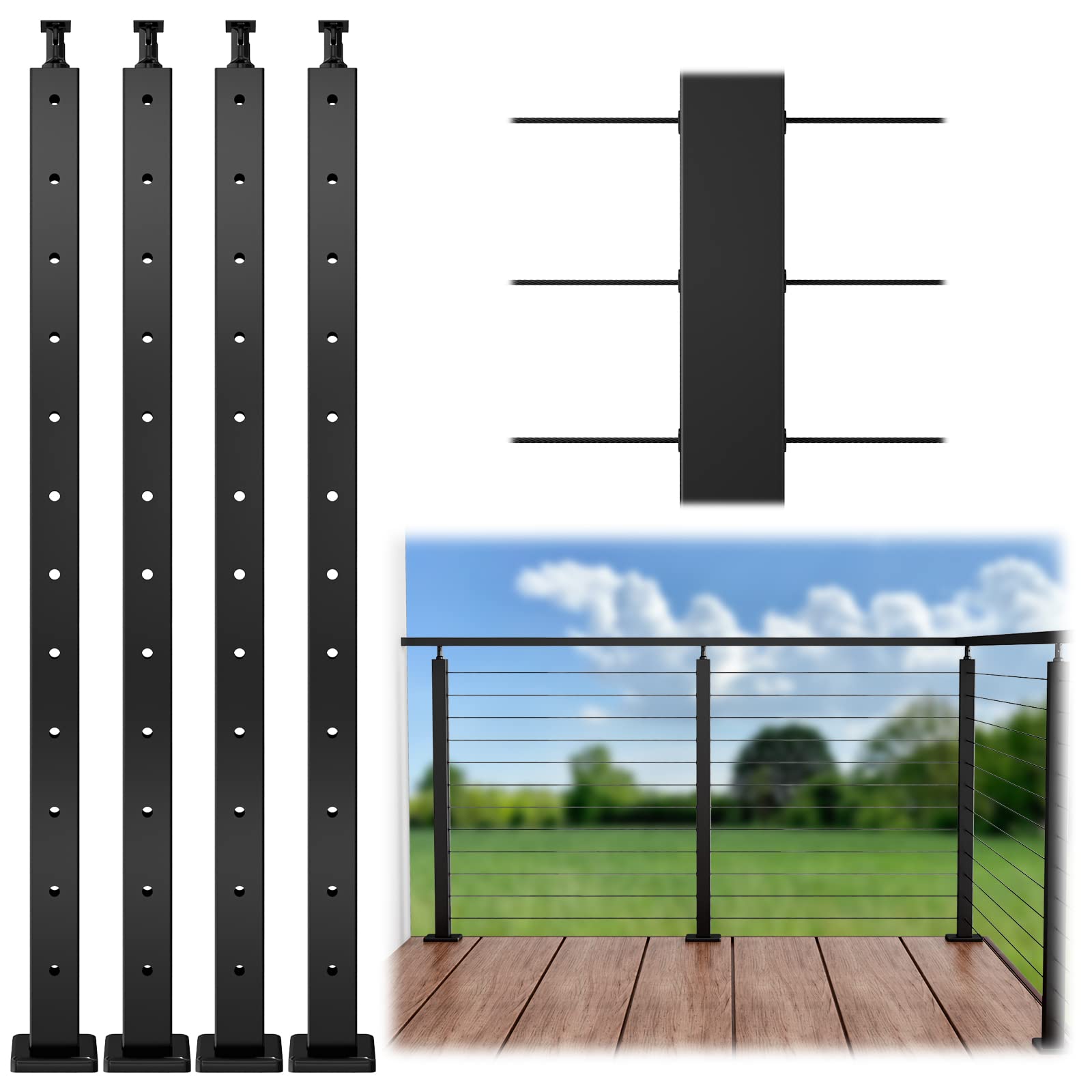 Photo 1 of Muzata 4Pack Black Cable Railing Post 42 Inch 42"x2"x2" Level Drilled Surface Mount T304 Stainless Steel Cable Railing System Kit Indoor Outdoor with Paper User Guide PS01 BH4L