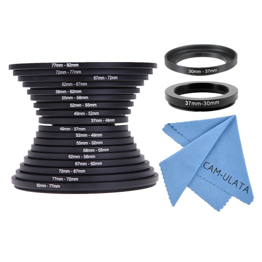 CAM-ULATA 20 Teiliges Filteradapter Step Up / Step Down Ringe Set 82mm 77mm 72mm 67mm 62mm 58mm 55mm 52mm 49mm 37mm 30mm Objektivadapter Adapterringe Filteradapter Schwarz für Canon Nikon Sony Sigma