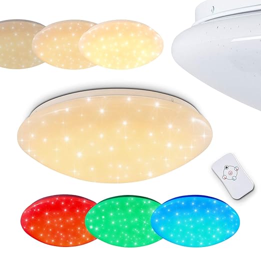 LED Designer Deckenleuchte Brighton mit Sternenhimmel und RGB Farbwechsler – runder Deckenspot mit Fernbedienung und farbigem