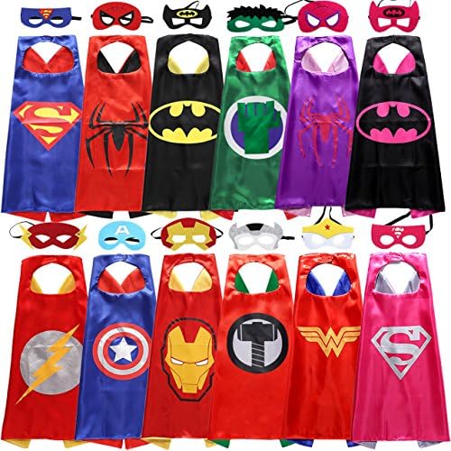 Sholin Superhero Dress Up Costumes 6 Double-Sided Design Satin Capes With 12 Felt Masks For Boys and Girls
