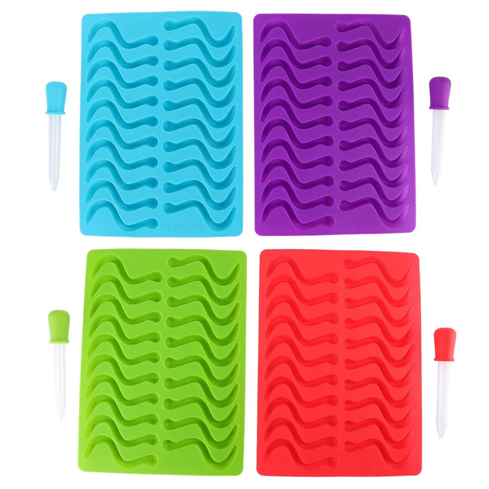 4PCS Gummy Worm Silicone Molds with 4 Droppers, Non Stick Chocolate Gummy Mold Silicone Candy Mold Ice Cube Trays Candy Molds for Kids