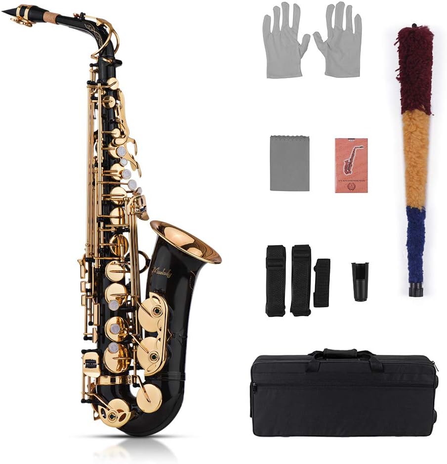 Muslady Eb Alto Saxophone Sax Brass Lacquered Gold 82Z Key Type Woodwind Instrument with Padded Carry Case Gloves Cleaning Cloth Brush Sax Straps Reeds