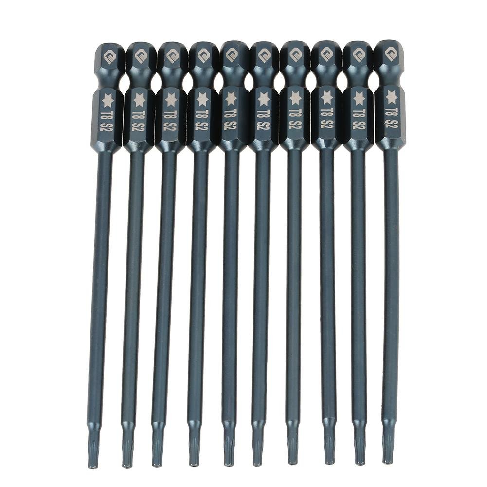 Hilitand 10 Pcs 100mm Long Torx Screwdriver Bits Set, S2 Alloy Steel 1/4" Hex Shank Magnetic Security Star Head Screwdriver Bits T8 (H6.3 * 100mm*T8)