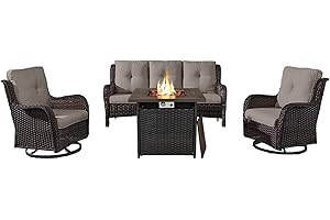 Belord Outdoor Patio Furniture Set with 50000BTU Propane Fire Pit Table, 4 Pieces Wicker Patio Conversation Set with 2 Swivel Rocker Glider Chairs Rattan Sofa Grey Cushion Perfect for Gathering