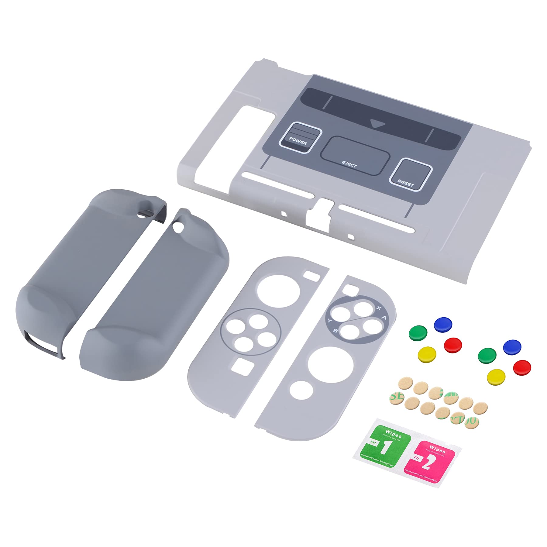 eXtremeRate PlayVital Back Cover for Nintendo Switch, NS Joycon Handheld Controller Protector Hard Shell, Dockable Protective Case with Colorful ABXY Direction Button Caps - SFC SNES Classic EU Style