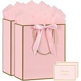 YoungTree Valentines Gift Bag, 2PCS Valentines Bags with Ribbon and 2 Greeting Cards 4 Tissue Papers, Portable Paper Birthday Gift Bags with Handles, Present Bags for Valentines Day Wedding(Pink-Gold)